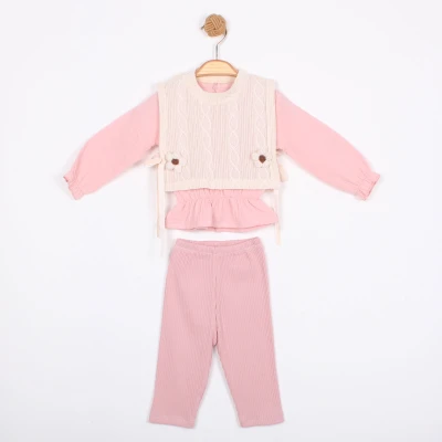 ÇİÇEK DETAYLI YELEKLİ KIZ BEBE 3 LÜ TAKIM 1803