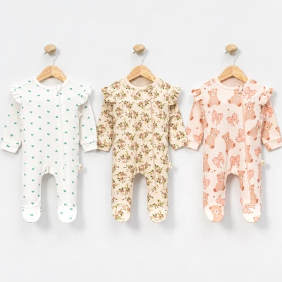 ÇİÇEK KALP AYICIK BASKILI PAMUKLU 3 LÜ KIZ BEBE TULUM 1160