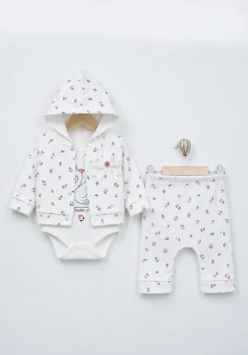 ÇİÇEK KAPÜŞONLU BADİLİ PAMUKLU 3 LÜ KIZ BEBE TAKIM 13008