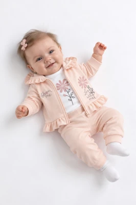 ÇİÇEK NAKIŞLI PAMUKLU 3 LÜ KIZ BEBE TAKIM 4073