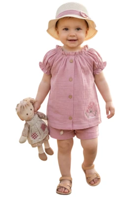 ÇİÇEK NAKIŞLI ŞORTLU KIZ BEBE TAKIM 26449