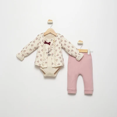 ÇİÇEK TOPLAYAN PANDA BASKILI 3 LÜ KIZ BEBE TAKIM 6008