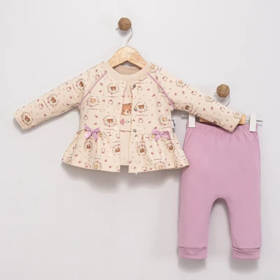 ÇİÇEK VE AYICIK DESENLİ 3 LÜ KIZ BEBE TAKIM 6087