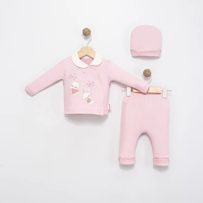 ÇİÇEK VE TAVŞAN NAKIŞLI 3 LÜ KIZ BEBE TAKIM 20359