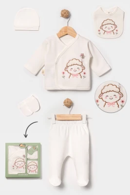 ÇİÇEKLİ KUZU NAKIŞLI PAMUKLU KIZ BEBE 5 Lİ ZIBIN SET 3048
