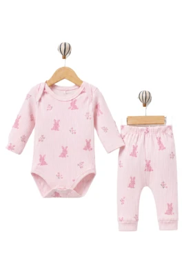 ÇİÇEKLİ TAVŞAN BASKILI 2 Lİ KIZ BEBE TAKIM 50160