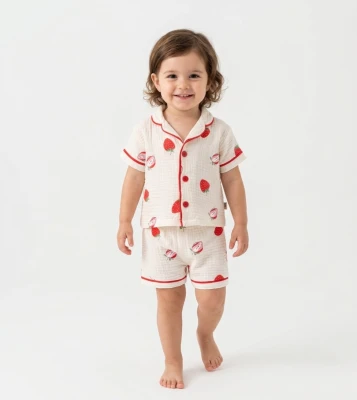 ÇİLEK BASKILI MÜSLİN KIZ BEBE PİJAMA TAKIM 6087