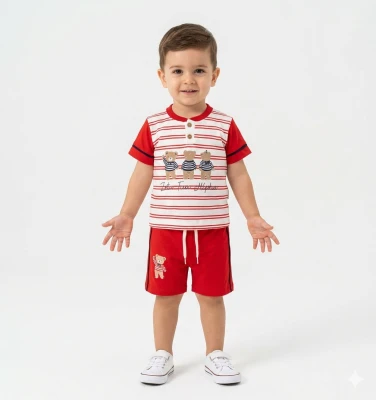 ÇİZGİLİ AYICIK BASKILI ŞORTLU ERKEK BEBE TAKIM 6029
