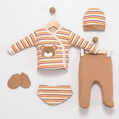 ÇİZGİLİ AYICIK NAKIŞLI 5 Lİ ERKEK BEBE ZIBIN TAKIMI 10160