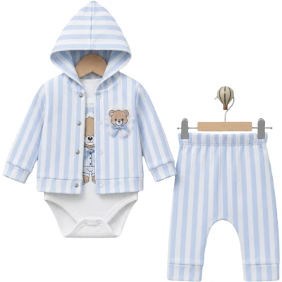 ÇİZGİLİ KAPÜŞONLU PAMUKLU 3 LÜ BEBE TAKIM 13001