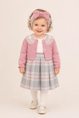 DANTEL YAKALI PİLİSE ETELİ KIZ BEBE TAKIM 6551