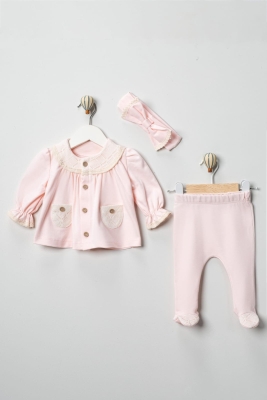 DANTELLİ CEPLİ 3'LÜ KIZ BEBE TAKIM 2518