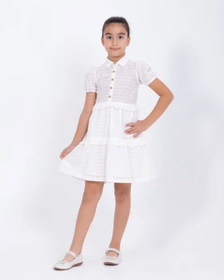 DÜĞME DETAYLI YAKALI KIZ ÇOCUK ELBİSE 3569
