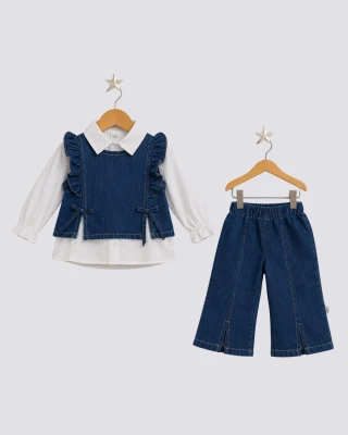 FIRFIR VE FİYONK DETAYLI KOT 3 LÜ KIZ BEBE TAKIM 9172