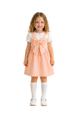 FİYONK APLİKELİ KETEN KIZ BEBE SALOPET TAKIM 3263