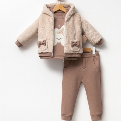 FİYONK DETAYLI PELUŞ HIRKALI 3 LÜ BEBE TAKIM 5153