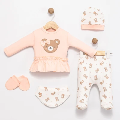 FİYONKLU AYICIK NAKIŞLI 5 Lİ KIZ BEBE ZIBIN TAKIMI 10168