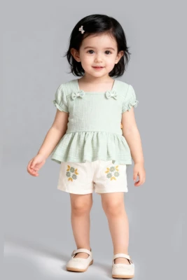 FİYONKLU ÇİÇEKLİ YAZLIK KIZ BEBE TAKIM 2559