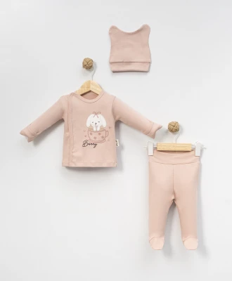 FİYONKLU TAVŞAN NAKIŞLI 3 LÜ KIZ BEBE TAKIM 9448
