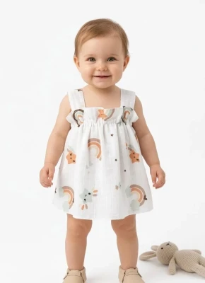 GÖKKUŞAĞI BASKILI KIZ BEBE MÜSLİN ELBİSE 002