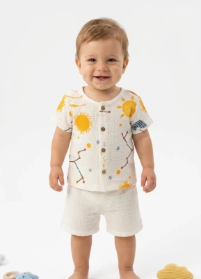 GÜNEŞ BASKILI ERKEK BEBE YAZLIK MÜSLİN TAKIM 058