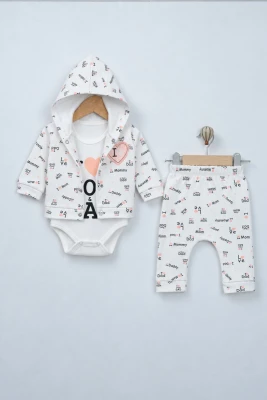 I LOVE MOM DAD KAPÜŞONLU PAMUKLU 3 LÜ KIZ BEBE TAKIM 13013