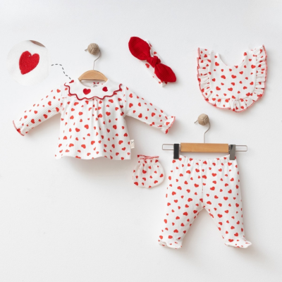 KALP BASKI VE NAKIŞLI YAKALI 5 Lİ BEBE ZIBIN SET 25227