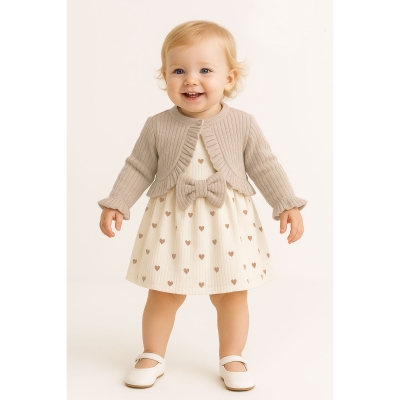 KALP BASKILI BOLERO DETAYLI KIZ BEBE ELBİSE 8006