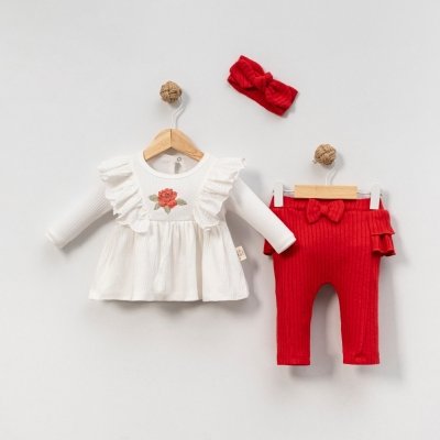 KANAVİÇE ÇİÇEK NAKIŞLI KIZ 3 LÜ BEBE TAKIM 8044