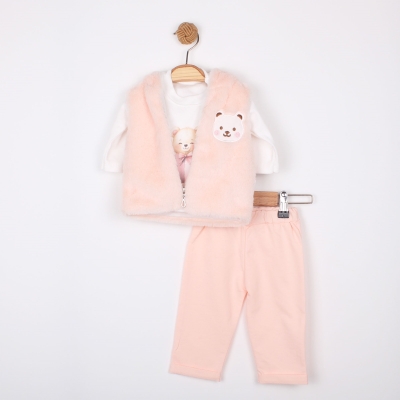 KAPŞONLU AYICIK NAKIŞLI PELUŞ KIZ BEBE TAKIM 8027