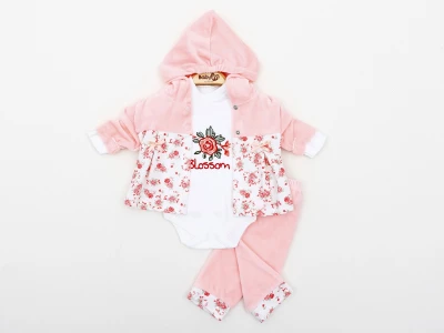 KAPÜŞONLU ÇİÇEKLİ 3 LÜ KADİFE KIZ BEBE TAKIM 2481