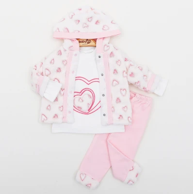 KAPÜŞONLU KALPLİ 3 LÜ KADİFE BEBE TAKIM 2455