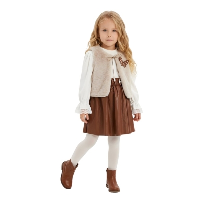 KELEBEKLİ PELUŞLU DERİ ETEKLİ 3 LÜ KIZ TAKIM 6276