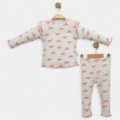 KIRMIZI FİYONKLU İKİLİ BEBE TAKIM 251174