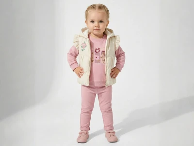KOL FIRFIRLI ÇİÇEK DESENLİ YELEKLİ 3LÜ BEBE TAKIM 2539