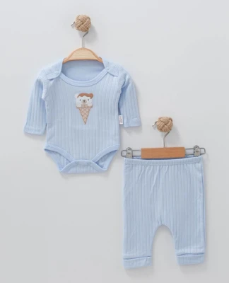 KÜLAHTA AYICIK NAKIŞLI ERKEK BEBE İKİLİ BADY TAKIM 2433