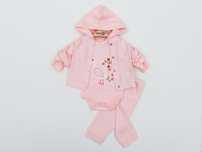KUŞ NAKIŞLI 3 LÜ KAPŞONLU KIZ BEBE TAKIM 2307