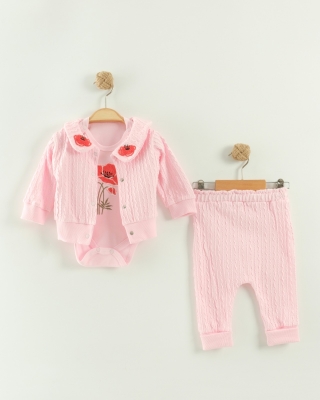 LALE TEMALI YAKASI NAKIŞLI 3LÜ BEBE TAKIM 1223