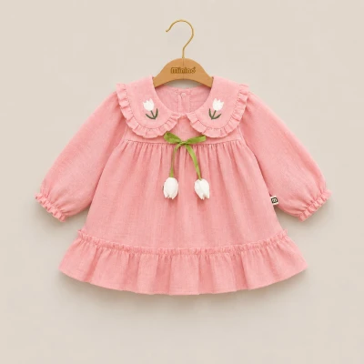 LALELİ KETEN KIZ BEBE ELBİSE 1392