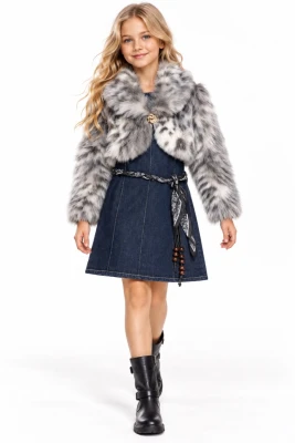 LEOPAR KÜRKLÜ DENİM KIZ ÇOCUK ELBİSE 6776