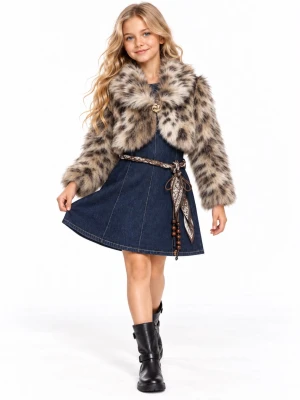 LEOPAR KÜRKLÜ DENİM KIZ ÇOCUK ELBİSE 6777