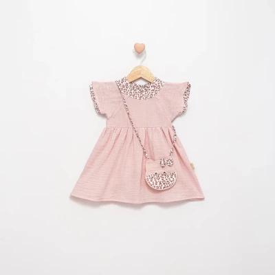 LEOPAR TEMALI MÜSLİN ÇANTALI KIZ BEBE ELBİSE 3181