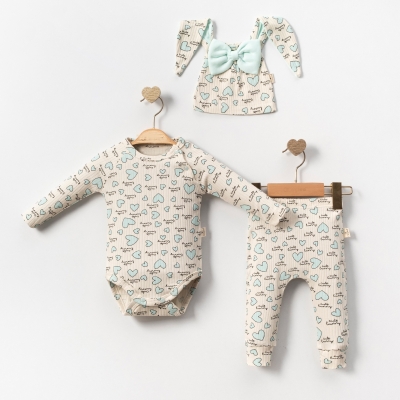 LİTTLE BUNNY KALP BASKILI 3 LÜ BEBE TAKIM 4039