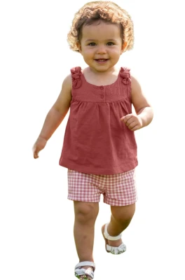 OMUZ FİYONKLU KARELİ ŞORTLU KIZ BEBE TAKIM  26291