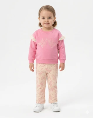 ÖN NAKIŞLI PANTOLON BASKILI KIZ BEBE İKİLİ TAKIM 3027