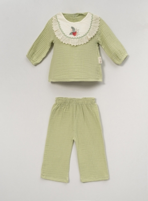 ÖN ROBA NAKIŞLI DANTELLİ KIZ BEBE TAKIM 3014