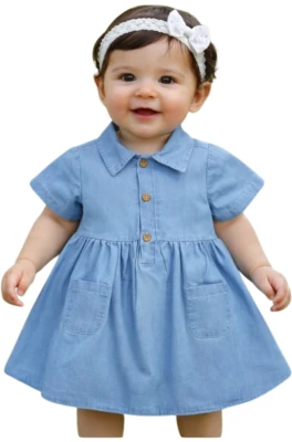 ÖNDEN DÜĞMELİ KIZ BEBE KOT ELBİSE 3444