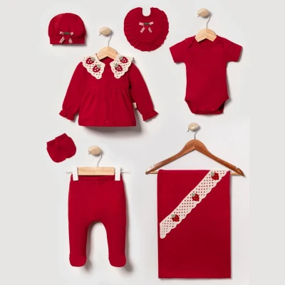 ÖRME ÇİLEK DESENLİ PAMUKLU KIZ BEBE 7 Lİ ZIBIN SET 3050