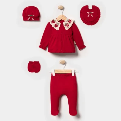 ÖRME ÇİLEK YAKALI PAMUKLU KIZ BEBE 5 Lİ ZIBIN SET 2145