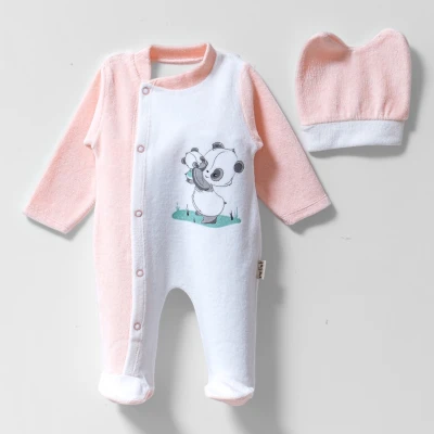 PANDA BASKILI KADİFE BEBE TULUM 1638